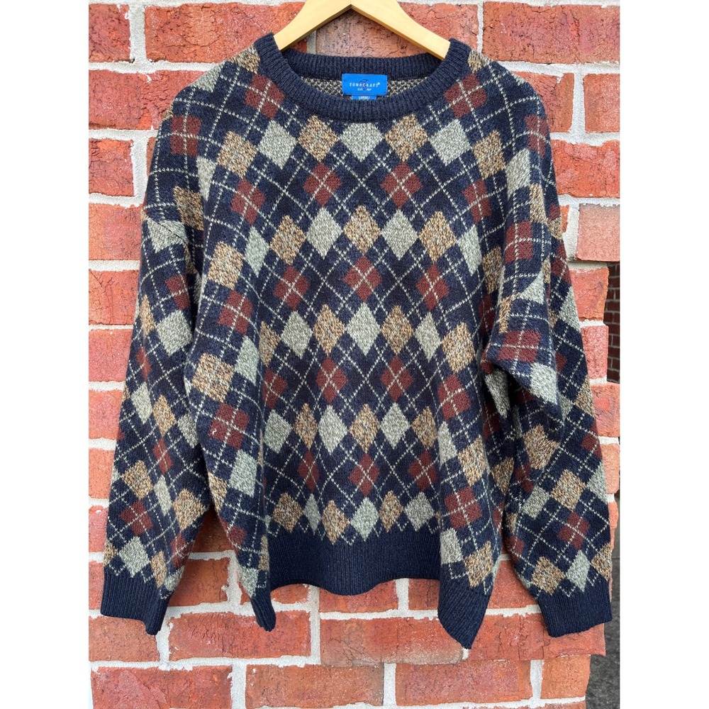 Towncraft Argyle Sweater Navy Blue Burgundy Large Crew Neck Pullover